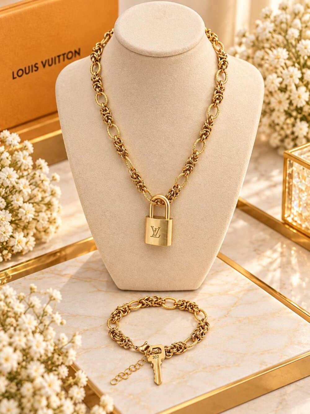 Stainless Steel 18k Gold Plated Necklace+ Bracelet w/Auth Louis Vuitton Padlock